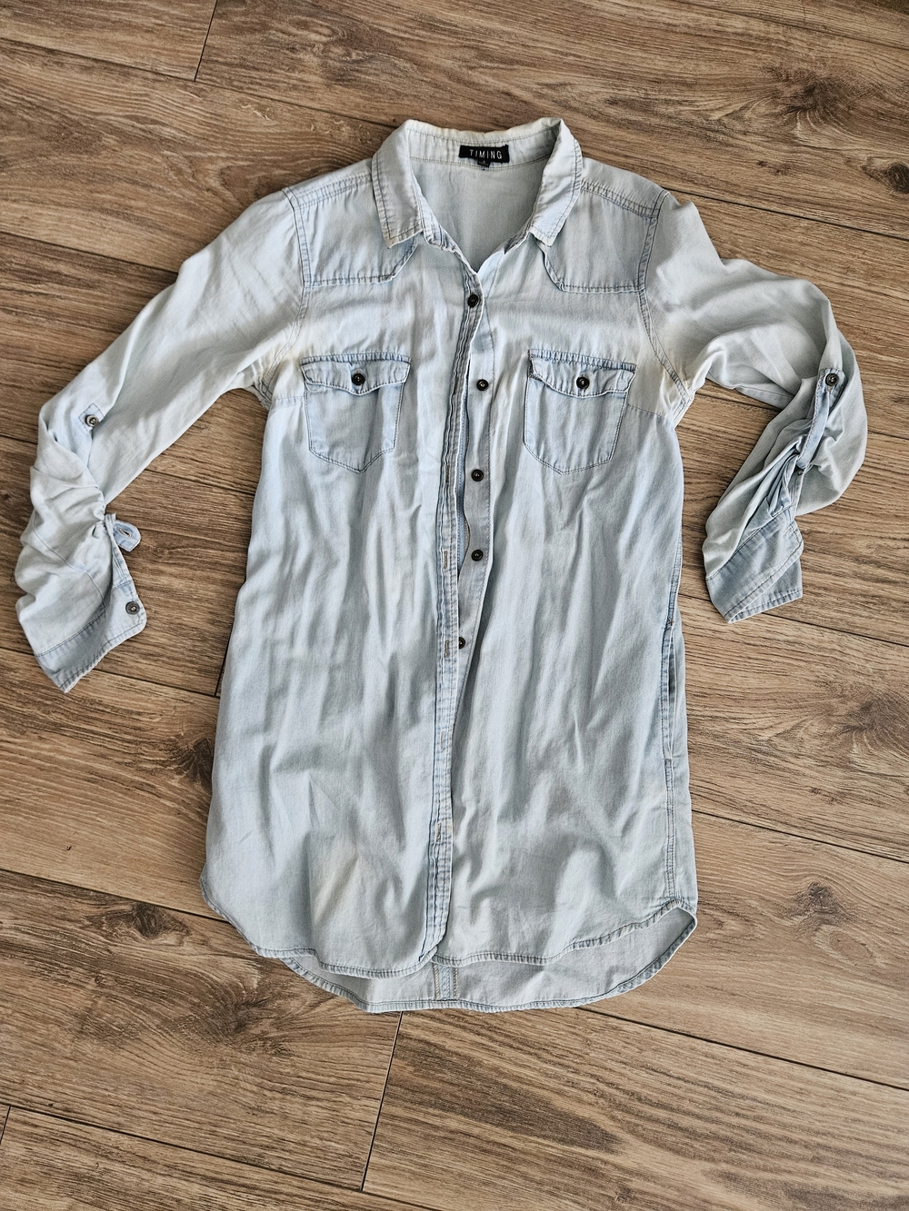 Timing Light Wash Denim Button-Up Tunic Shirt